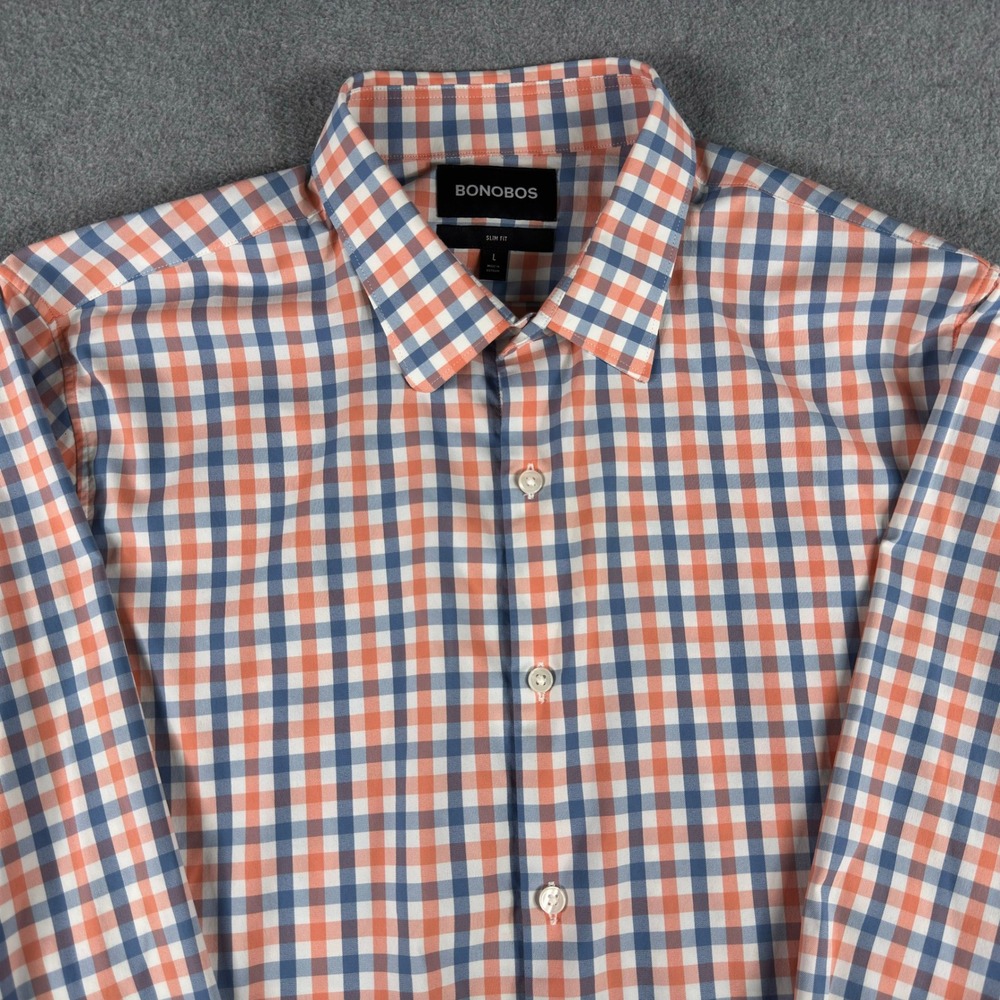 Bonobos Slim Fit Shirt Mens L Blue Pink Gingham Plaid Performance Button Up